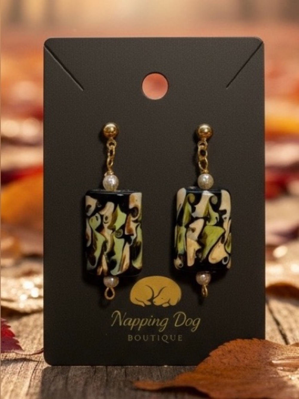 Ceramic Abstract Pattern Dangle Earrings with Pearl Accents – Gold-Tone Earrings